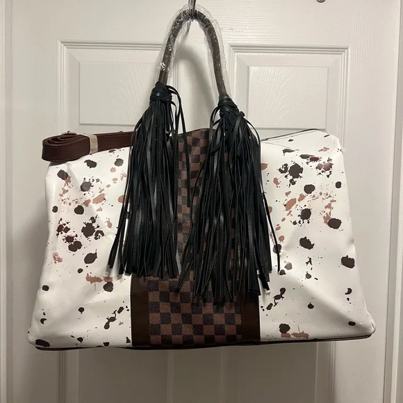 Stylish White and Brown Cow Print with Checkered insert Women's Bag - Picture 1 of 7